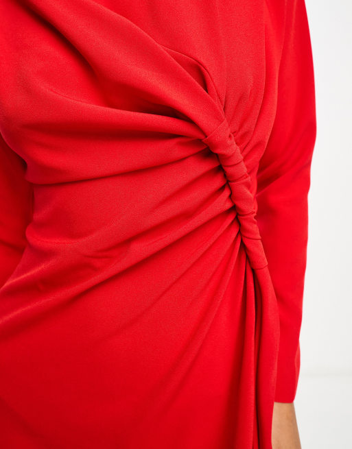 ASOS DESIGN – Czerwona sukienka midi z węzłem i dekoltem w łódkę, 4 z 4