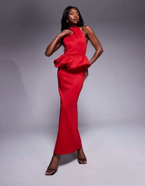 ASOS DESIGN  high neck puff peplum midi dress in red in scuba-style fabric
