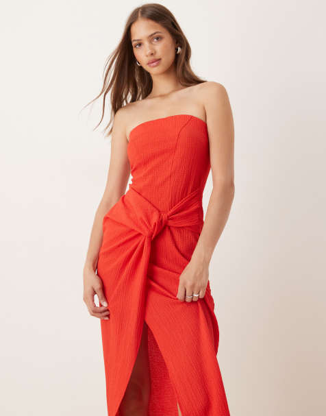 ASOS DESIGN – Czerwona sukienka midi ze skręconym dekoltem bandeau i drapowaniem z przodu - view 1