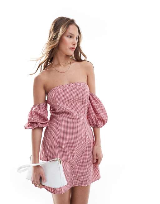 ASOS DESIGN – Czerwona sukienka mini w kratkę vichy z bufkami i dekoltem bardot