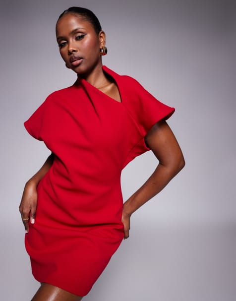 ASOS DESIGN – Czerwona sukienka mini z łączonej tkaniny scuba z krótkimi rękawkami i rozcięciem przy dekolcie - view 1
