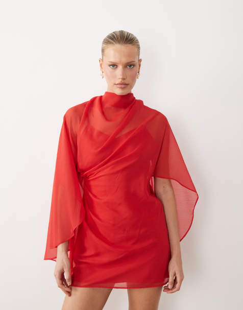 ASOS DESIGN – Czerwona sukienka mini z zabudowanym dekoltem, drapowanym przodem i obszernymi rękawami w stylu peleryny - view 1