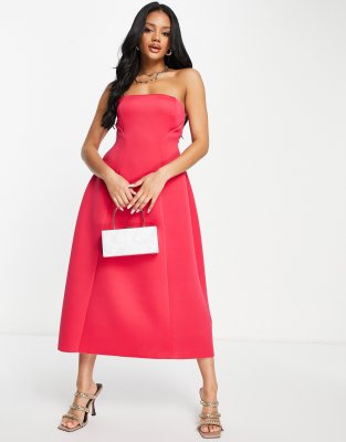 ASOS DESIGN – Czerwona sukienka typu skater z dekoltem bandeau i odkrytymi plecami