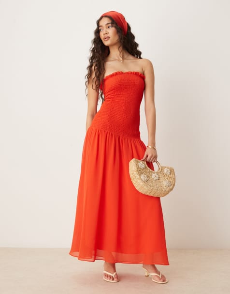 ASOS DESIGN – Czerwona szyfonowa sukienka maxi z obniżoną talią i marszczeniem - view 1