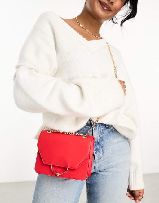 ASOS DESIGN – Czerwona torebka na ramię z ozdobnym pierścieniem i wymiennym paskiem łańcuszkowym