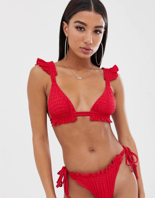  ASOS DESIGN – Czerwone, trójkątne bikini teksturowane z falbankami, 2 z 3