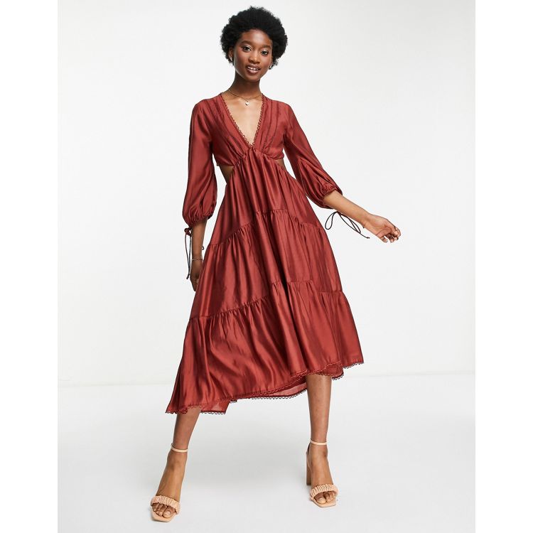 ASOS DESIGN – Czerwona, warstwowa sukienka midi z lekkiego materiału,  wykończona koronką | ASOS