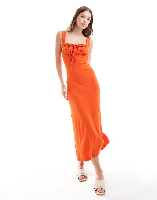ASOS DESIGN – Czerwona wiązana z przodu sukienka midi na ramiączkach z marszczonym biustem