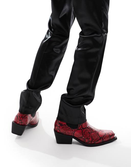 ASOS DESIGN – Czerwone botki na obcasach kubańskich z imitacji skóry węża, 4 z 4