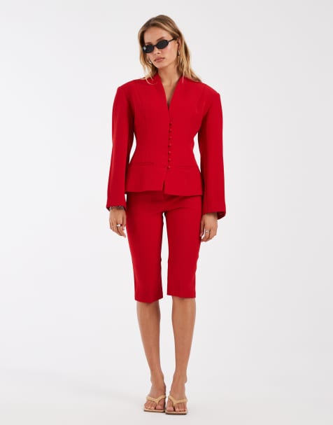 ASOS DESIGN – Czerwone, dopasowane spodnie capri z guzikami - view 1