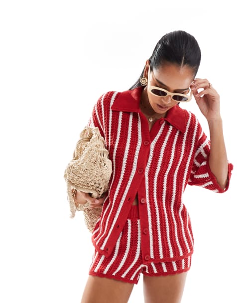 ASOS DESIGN – Czerwone dzianinowe szorty w paski z muszelkowym wykończeniem, część zestawu - view 1