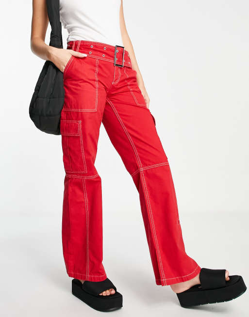ASOS DESIGN – Czerwone dzwony z paskiem i kontrastowymi szwami, 3 z 4