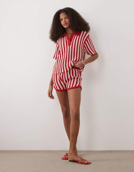 ASOS DESIGN – Czerwony top z kołnierzykiem polo z szydełkowanej dzianiny w paski, część zestawu, 2 z 3