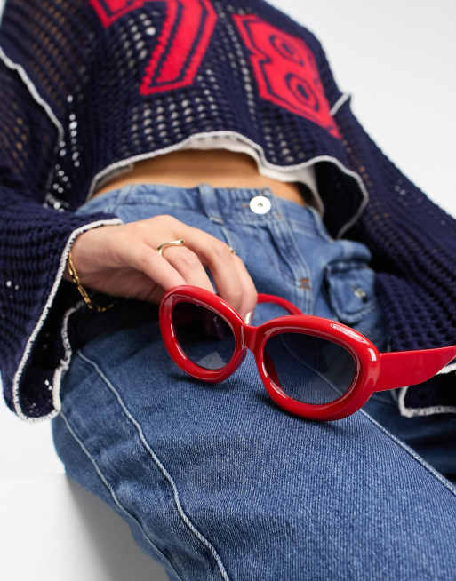 ASOS DESIGN – Czerwone owalne okulary przeciwsłoneczne w grubych oprawkach, 3 z 4