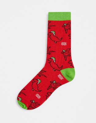 ASOS DESIGN – Czerwone skarpetki do kostki ze świątecznym wzorem w dinozaury