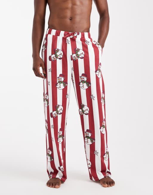 ASOS DESIGN – Czerwone spodnie od piżamy w paski z grafiką w bałwanki, 2 z 4