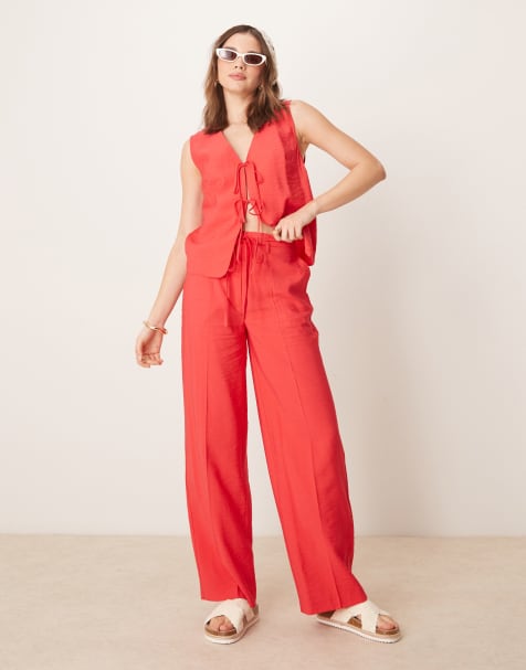 ASOS DESIGN tailored straight leg linen look trousers co-ord in red