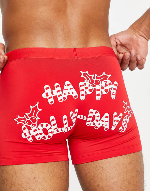 ASOS DESIGN – Czerwone świąteczne bokserki z nadrukiem na pośladkach