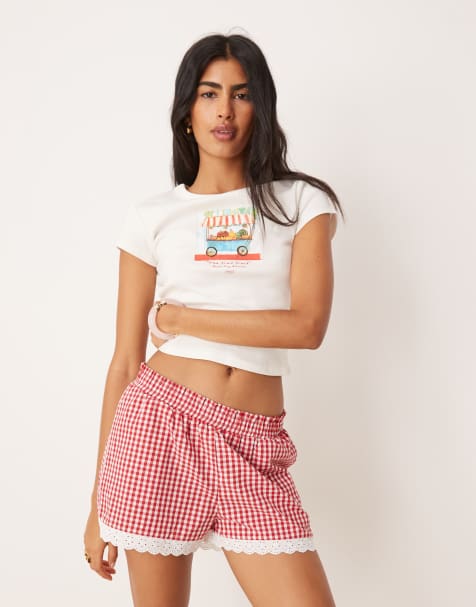 ASOS DESIGN – Czerwone szorty w kratkę vichy obszyte koronką - view 1