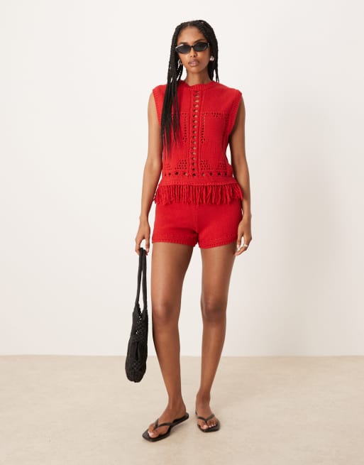 ASOS DESIGN – Czerwone szorty z dzianiny o ażurowym splocie, część zestawu