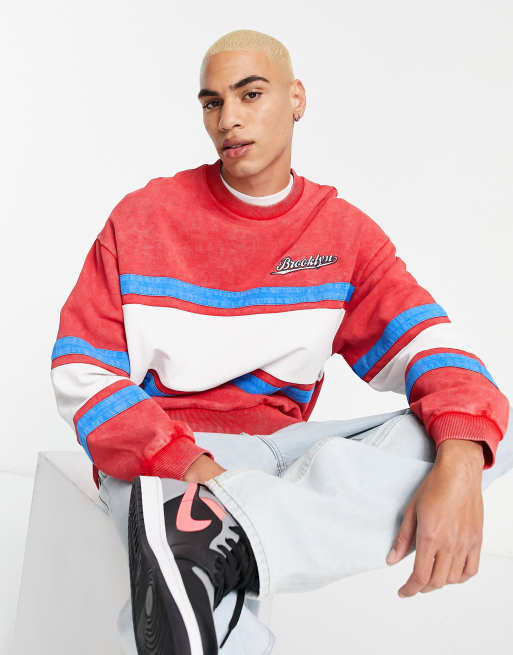 ASOS DESIGN – Czerwono-biała bluza oversize z nadrukiem i efektem sprania