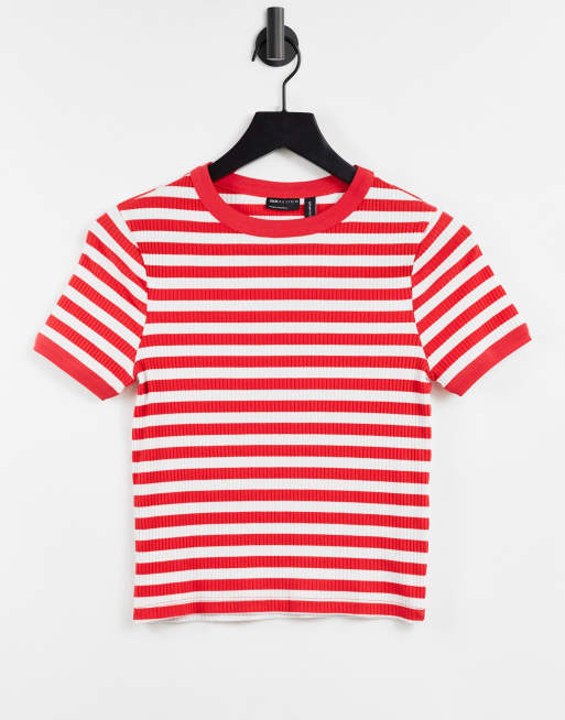 ASOS DESIGN – Czerwono-biały prążkowany T-shirt o dopasowanym kroju w paski