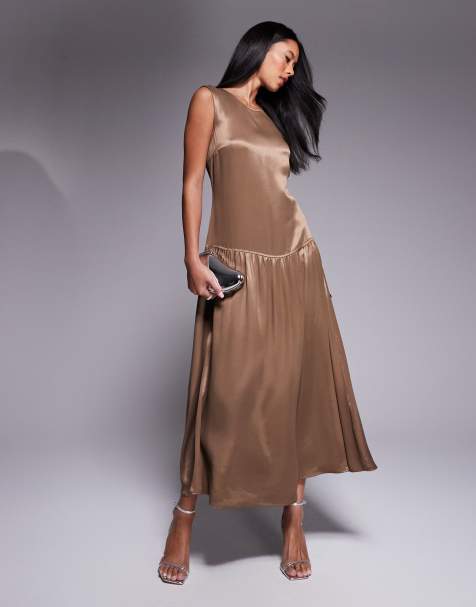 ASOS DESIGN dropped waist sleeveless maxi dress in dusky brown