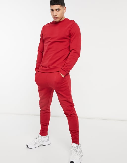 ASOS DESIGN – Czerwony dres z bluzą i obcisłymi joggersami – RED