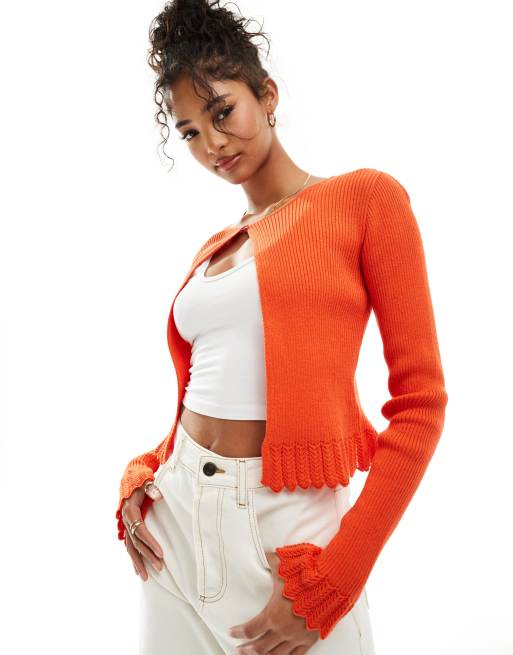ASOS DESIGN – Czerwony dzianinowy kardigan z rozcięciem z przodu i ażurowym ściegiem przy brzegach