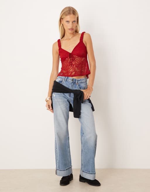 ASOS DESIGN – Czerwony fakturowany top koronkowy na ramiączkach, 2 z 4