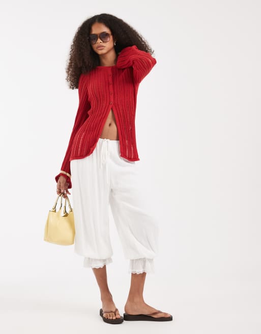 ASOS DESIGN – Czerwony kardigan z dzianiny o drabinkowym splocie, 2 z 4