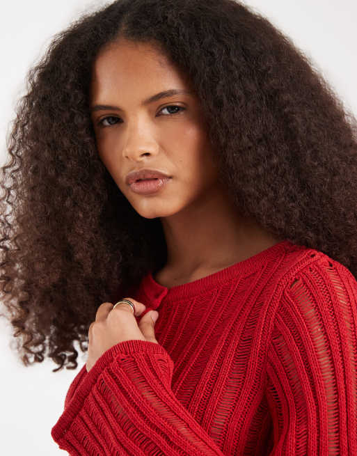 ASOS DESIGN – Czerwony kardigan z dzianiny o drabinkowym splocie, 3 z 4