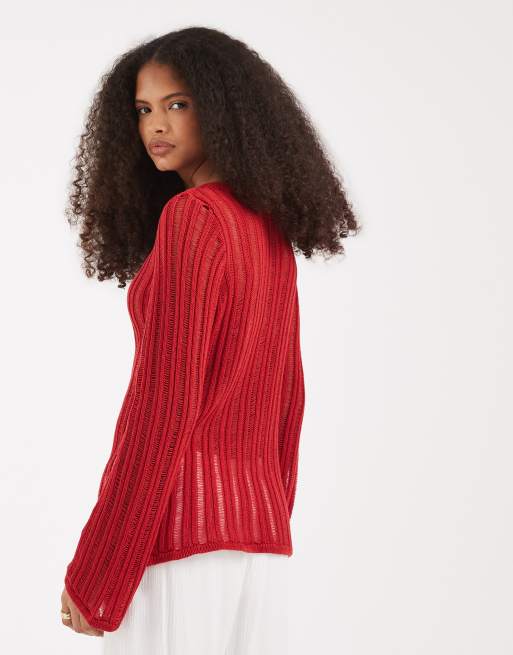 ASOS DESIGN – Czerwony kardigan z dzianiny o drabinkowym splocie, 4 z 4
