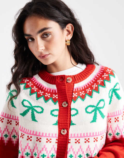 ASOS DESIGN – Czerwony kardigan z karczkiem ze wzorem w kokardki, 4 z 4