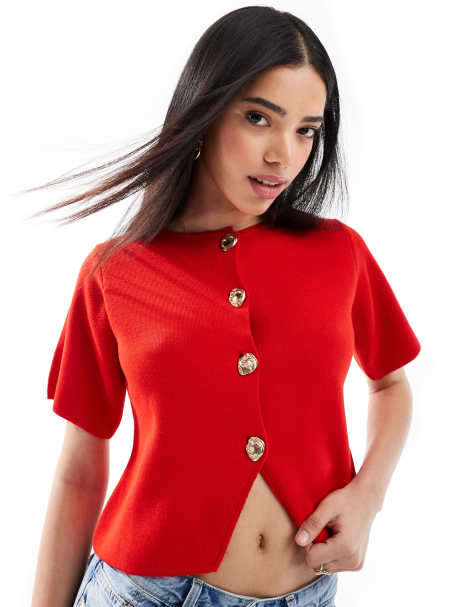 ASOS DESIGN compact knit short sleeve cardigan in red