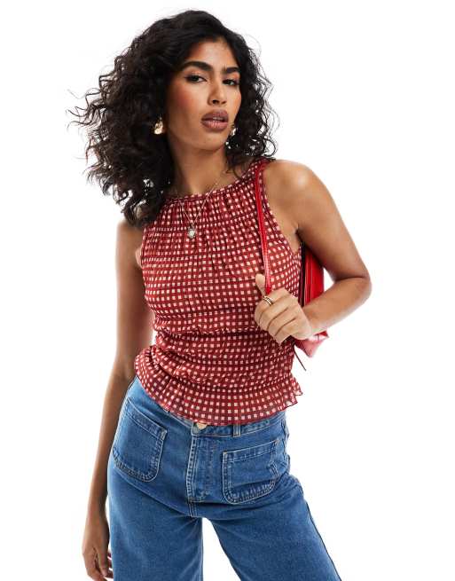 ASOS DESIGN – Czerwony marszczony top bez rękawów w kratkę vichy
