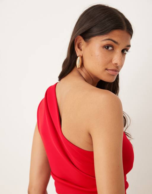ASOS DESIGN – Czerwony marszczony top na jedno ramię z asymetrycznym dołem, 3 z 4