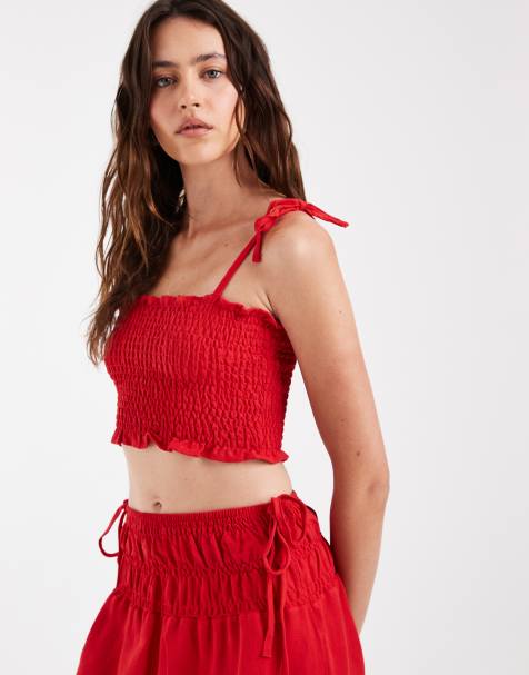 ASOS DESIGN – Czerwony marszczony top o fasonie braletki z domieszką lnu - view 1