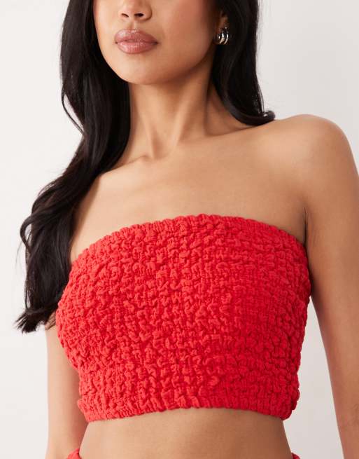 ASOS DESIGN – Czerwony marszczony top z dekoltem bandeau z muślinu, 2 z 4