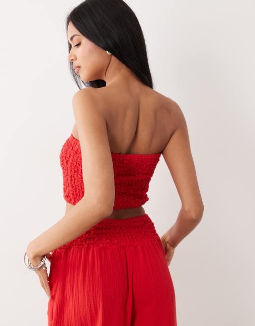 ASOS DESIGN – Czerwony marszczony top z dekoltem bandeau z muślinu, 4 z 4