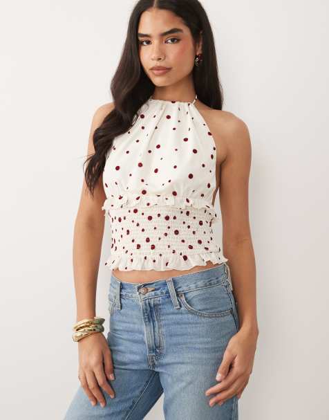 ASOS DESIGN – Czerwony marszczony top z dekoltem halter z flokowanej siateczki - view 1