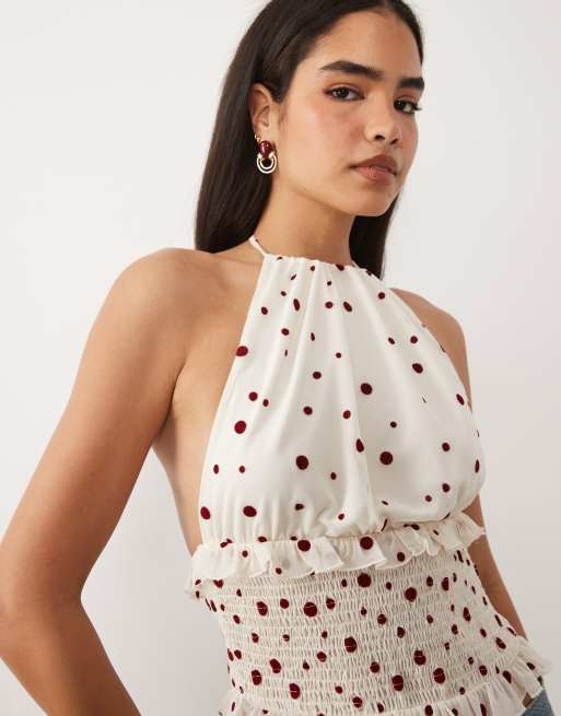 ASOS DESIGN – Czerwony marszczony top z dekoltem halter z flokowanej siateczki, 3 z 4