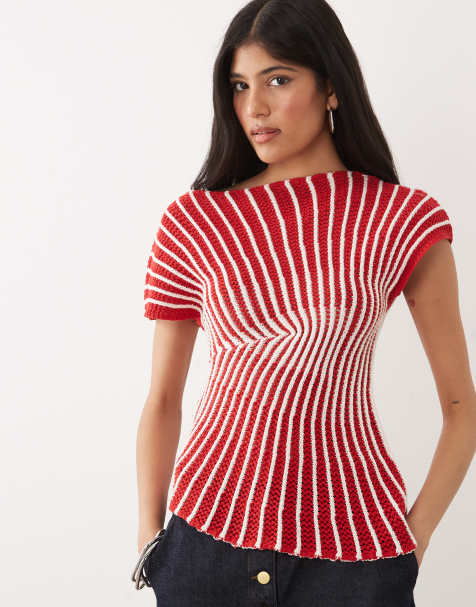 ASOS DESIGN – Czerwony plisowany top z szydełkowanej dzianiny w paski - view 1