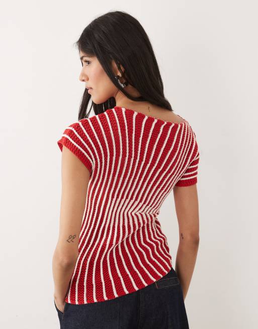 ASOS DESIGN – Czerwony plisowany top z szydełkowanej dzianiny w paski, 4 z 4