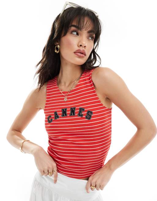 ASOS DESIGN – Czerwony podkoszulek w paski z napisem Cannes