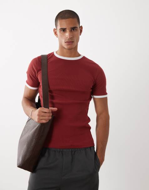 ASOS DESIGN – Czerwony prążkowany T-shirt o kroju podkreślającym sylwetkę z lamówką - view 1