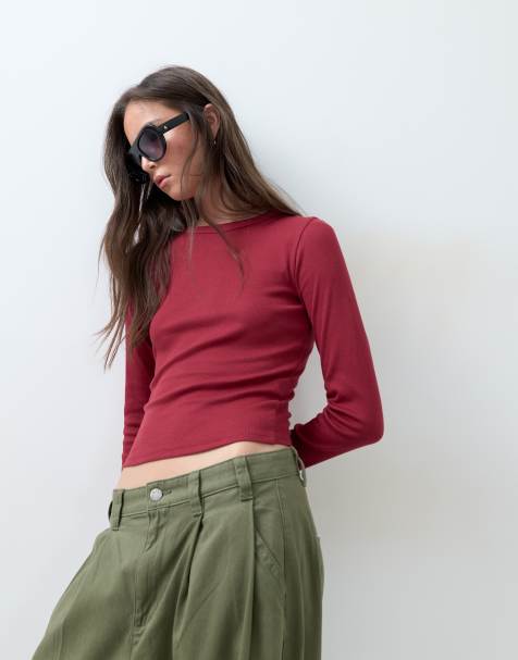 ASOS DESIGN – Czerwony prążkowany top z długimi rękawami i okrągłym dekoltem - view 1