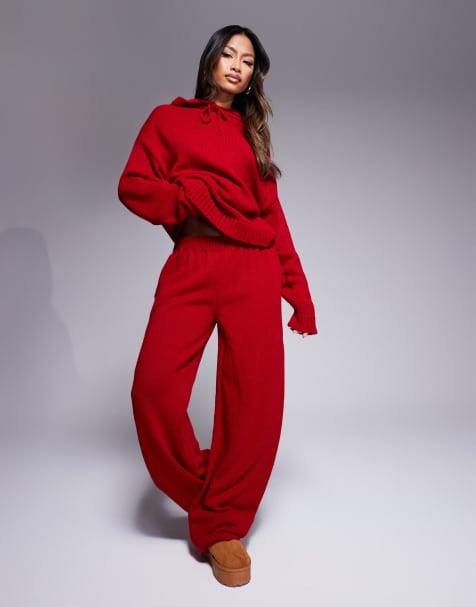 ASOS DESIGN – Czerwony puszysty zestaw dzianinowy: bluza z kapturem i joggersy - view 1