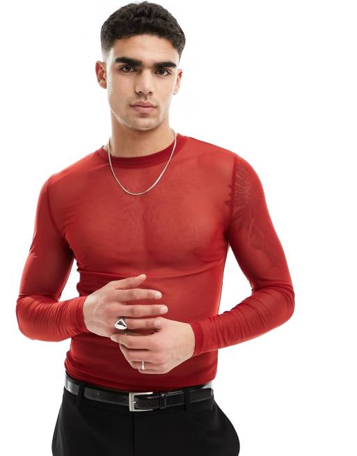 ASOS DESIGN – Czerwony siateczkowy T-shirt z długim rękawem o kroju podkreślającym sylwetkę