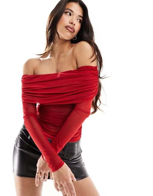 ASOS DESIGN – Czerwony siateczkowy top z długim rękawem i głębokim dekoltem bardot
